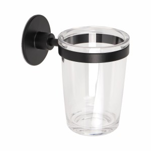 Portaspazzolini t.b.t. con supporto a muro nero e bicchiere trasparente.