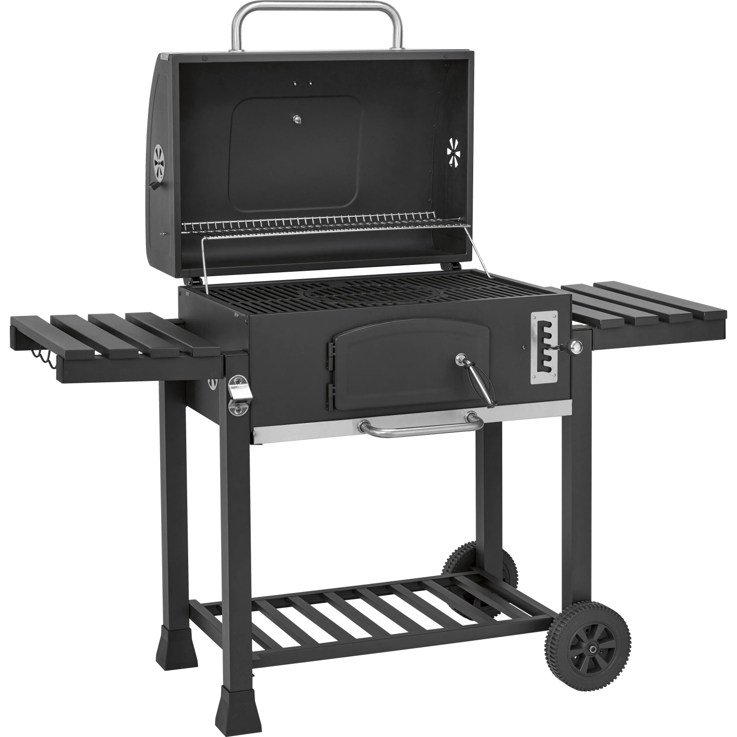 Barbecue a carbone nero Jamestown Jaxon XL con griglia modulare e tavolini laterali.