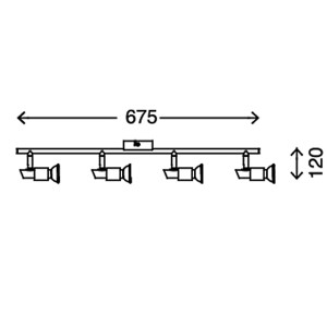 Schizzo: Faretto LED Briloner One, 4 luci, dimensioni 675x120mm, faretti orientabili.