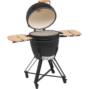 Barbecue a carbone nero Jamestown Marwin L con coperchio aperto e ripiani in legno.
