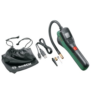 Pompa ad aria a batteria Bosch EasyPump con accessori e borsa.