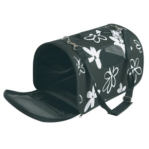 Trasportino per cani nero con motivo floreale e tracolla, porta aperta.