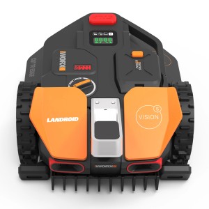 Robot rasaerba Worx Landroid Vision S250 (modello WR202E) arancione e nero, vista dall'alto.