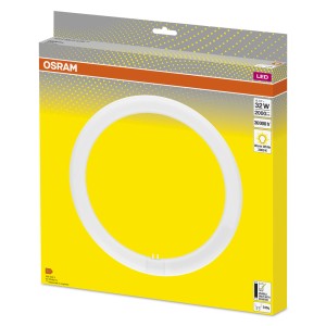 Lampada LED circolare OSRAM, 32W, bianco caldo, in confezione gialla.