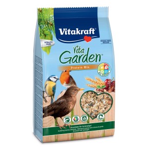 Confezione di mangime per uccelli selvatici Vita Garden Protein Mix da 1 kg con illustrazione di uccelli selvatici.