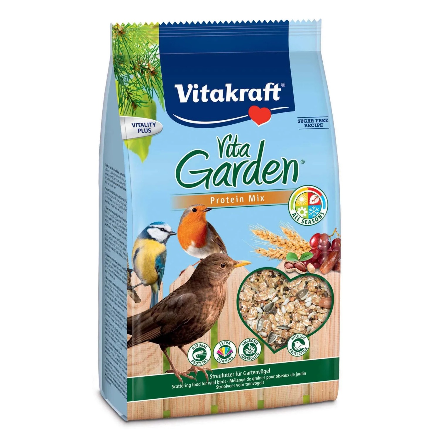 Confezione di mangime per uccelli selvatici Vita Garden Protein Mix da 1 kg con illustrazione di uccelli selvatici.