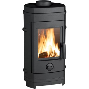 Stufa a legna nera t.b.t. con vetro e legna che brucia.