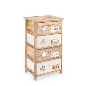 Cassettiera in legno con quattro cassetti, decoro cuore e casa.