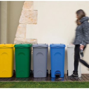 Pattumiere t.b.t. multicolore in plastica, allineate una accanto all'altra.