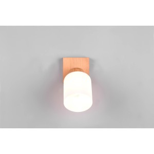 Faretto da parete Reality Assam, 1 lampadina, legno naturale, paralume in vetro bianco. Per soggiorno e camere da letto.