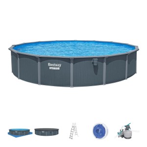 Piscina fuori terra rotonda con accessori: scaletta, copertura, pompa filtro. Ideale per il divertimento in giardino.