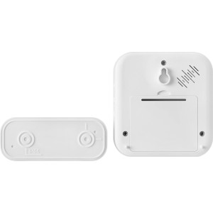 Campanello wireless con pulsante, portata 200 m, design bianco, vista posteriore.