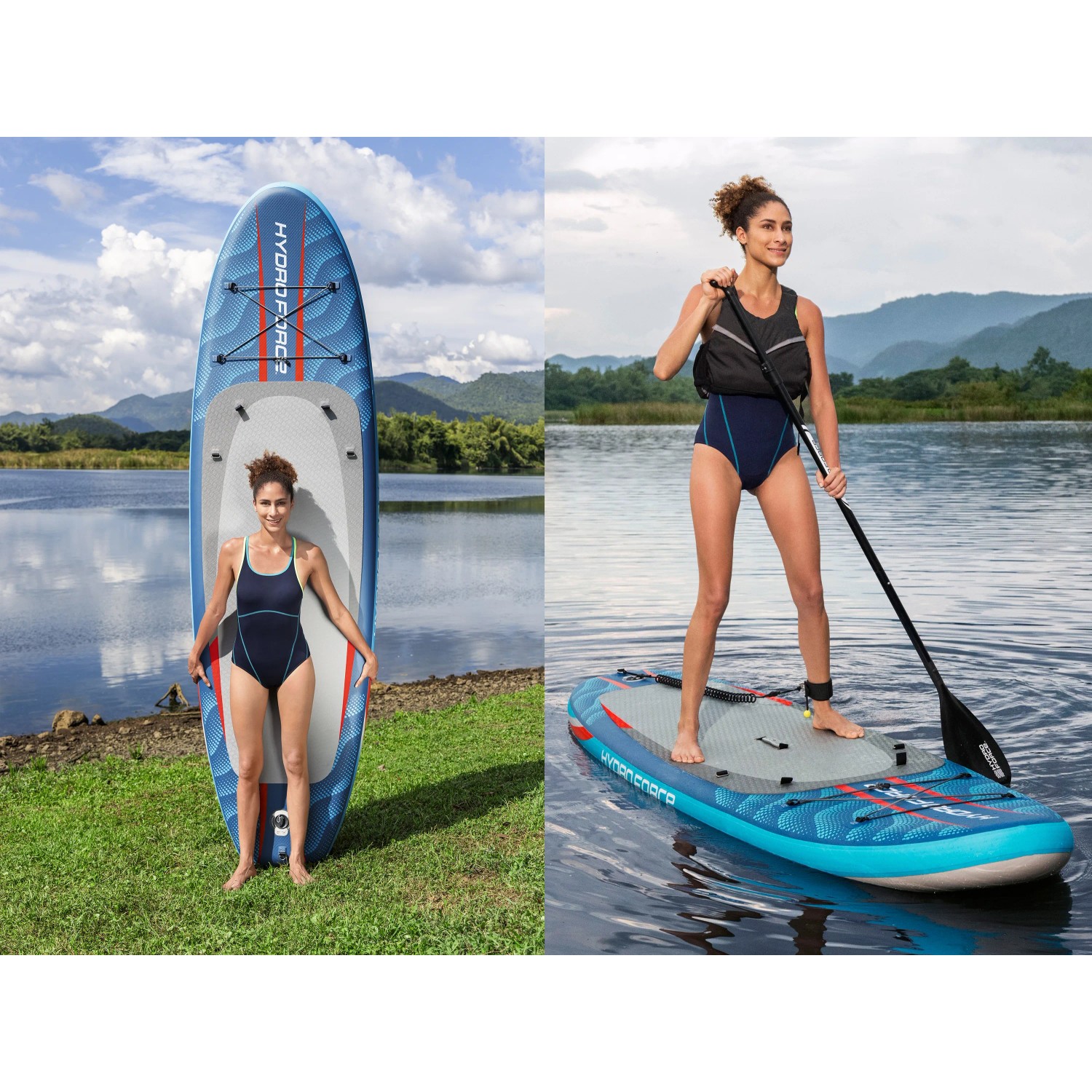 Set tavola SUP Bestway Oceana con sedile, 305 cm, con pagaia, pompa e zaino. Donna che rema e a riva.