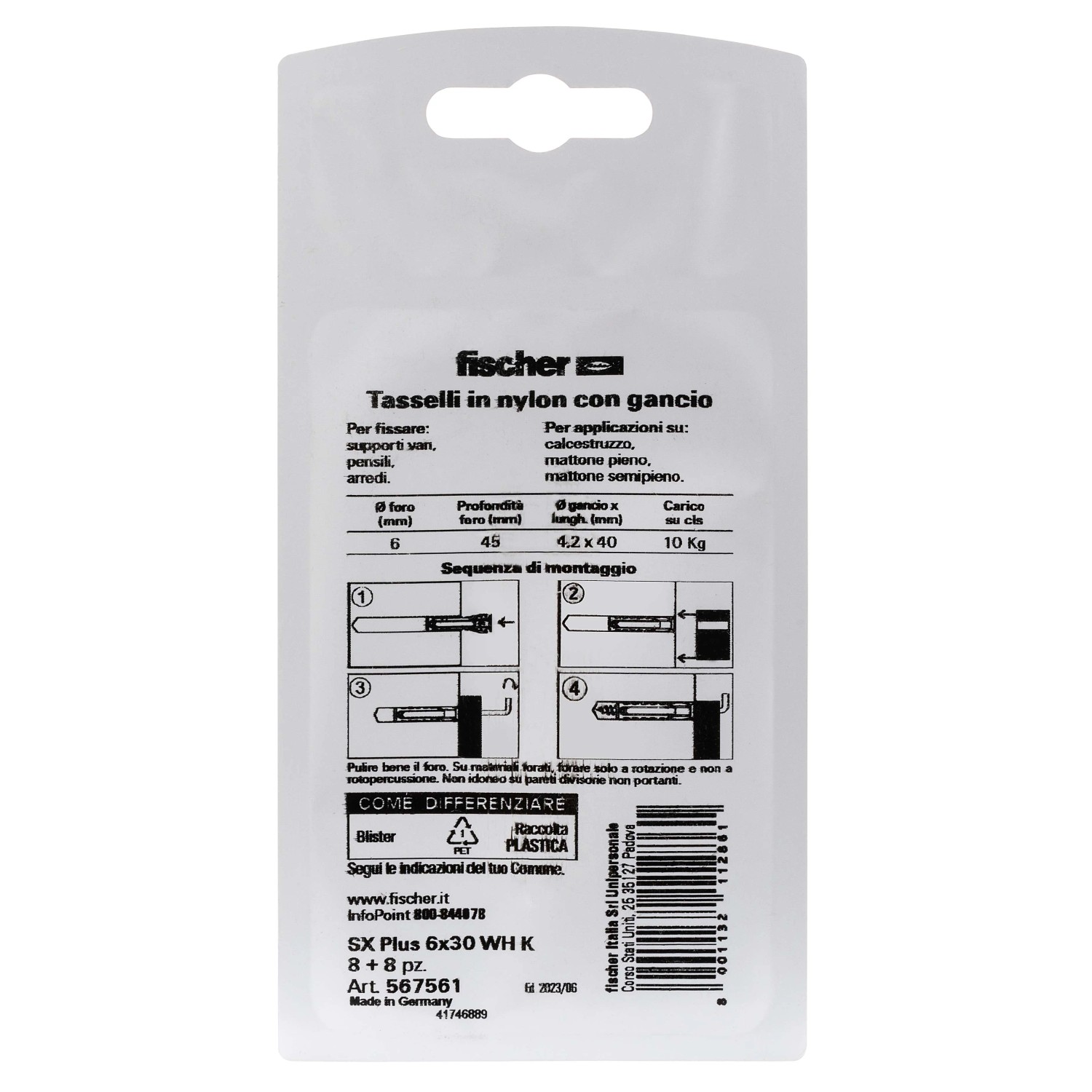 Fischer Tasselli SX 6x30 con gancio, 8 pezzi, per fissaggi sicuri in diversi materiali.