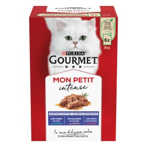 Purina Gourmet Mon Petit Intense cibo umido per gatti, confezione 6x50g con tonno, salmone e trota.