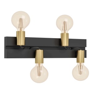 Applique nera con quattro lampadine e portalampade dorati.
