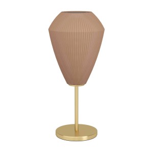 Elegante lampada da tavolo di design con paralume plissettato e base dorata.