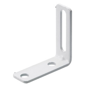 Staffa angolare regolabile Hettich bianca in acciaio, 55x55x20 mm, con asola per raccordi di collegamento.