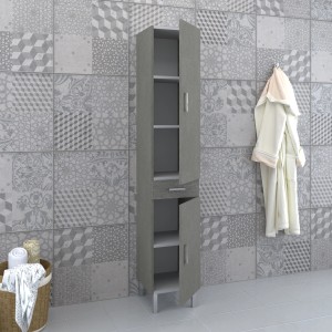 Mobile bagno stretto grigio (t.b.t.) con ante aperte e cassetto. Arredo bagno per riporre.
