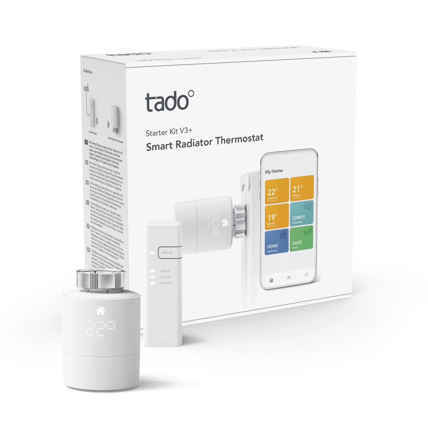 tado° Kit di base termostato termosifoni smart V3+ con termostato, bridge e vista app.