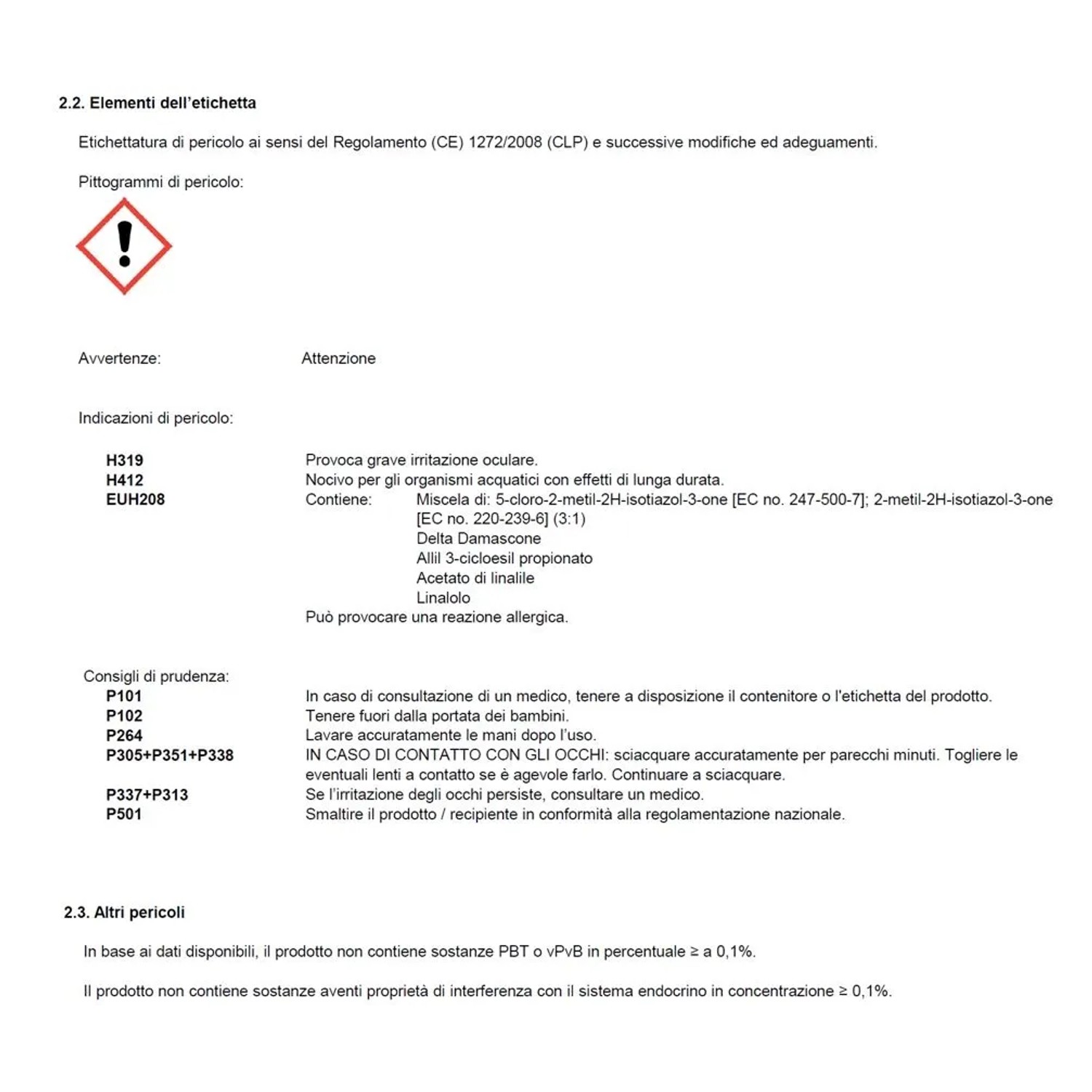 Scheda di sicurezza con avvertenze e indicazioni di pericolo.