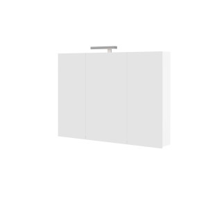 Mobile specchio bianco con tre ante e luce superiore.