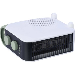 Termoventilatore compatto bianco t.b.t. con dettagli e comandi verdi. Radiatore elettrico per interni.