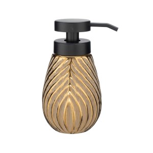 Dispenser sapone dorato con erogatore nero, design moderno per bagno e cucina.