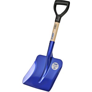 Pala blu con manico in legno e impugnatura nera. Ideale per giardinaggio e edilizia.