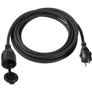 Cavo di prolunga nero da 5 m H07RN-F 3G1,5 con spina di sicurezza e cappuccio protettivo.