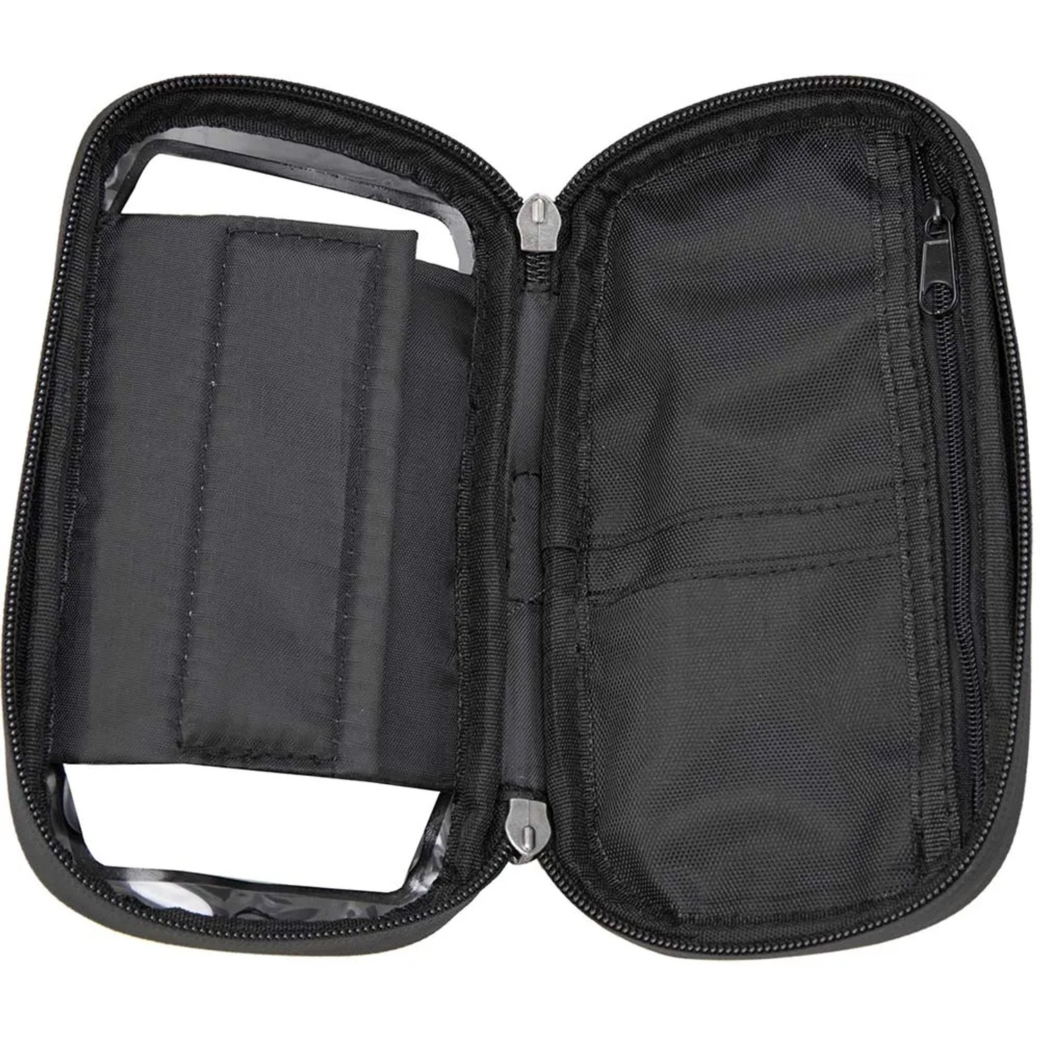 Borsa da bici nera aperta con cerniera e scomparti.