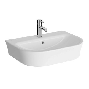 Lavabo singolo t.b.t. bianco con rubinetto, per bagni moderni.