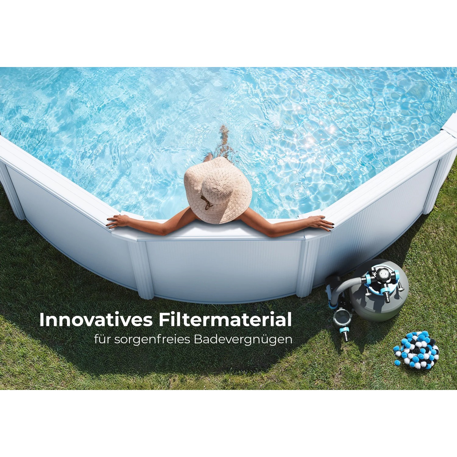 Donna si rilassa in piscina, con le sfere filtranti Gre Pool Aqualoon in primo piano. Acqua pulita grazie ai media filtranti.