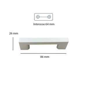 Maniglia per mobili bianca con dimensioni (86 mm di larghezza, 26 mm di altezza, interasse 64 mm).