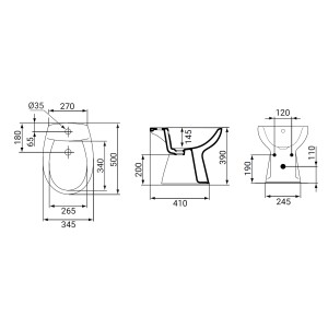 Disegno tecnico del bidet t.b.t. con dimensioni.
