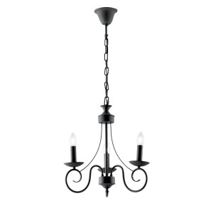 Lampada a sospensione nera t.b.t. con tre bracci luminosi.