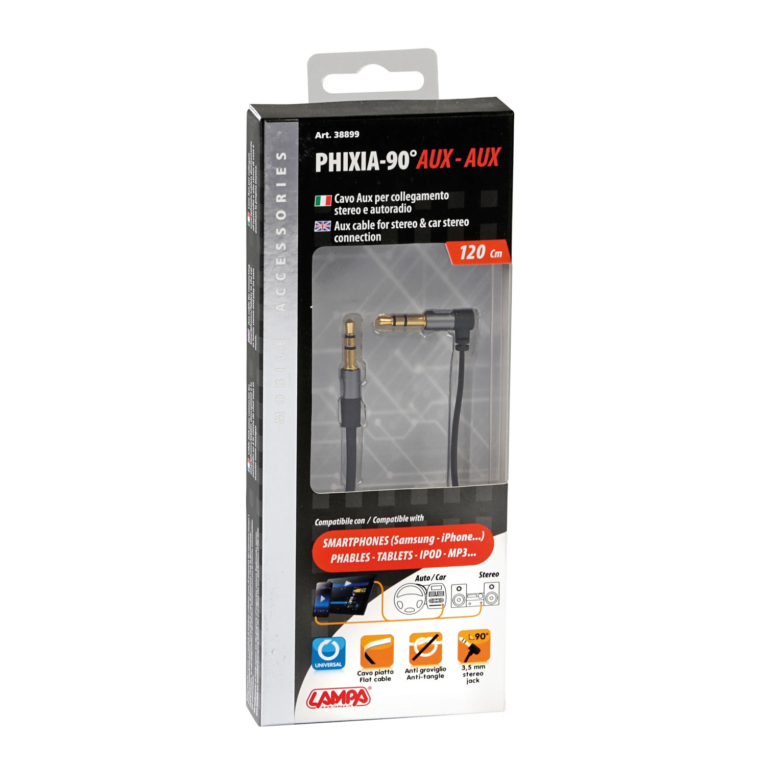 Cavo AUX t.b.t. per autoradio, lunghezza 120cm.