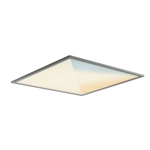 Lampada LED quadrata t.b.t. con base e cornice argentata.