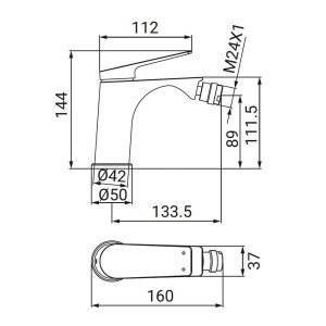 Disegno tecnico del miscelatore monocomando t.b.t. con dimensioni.