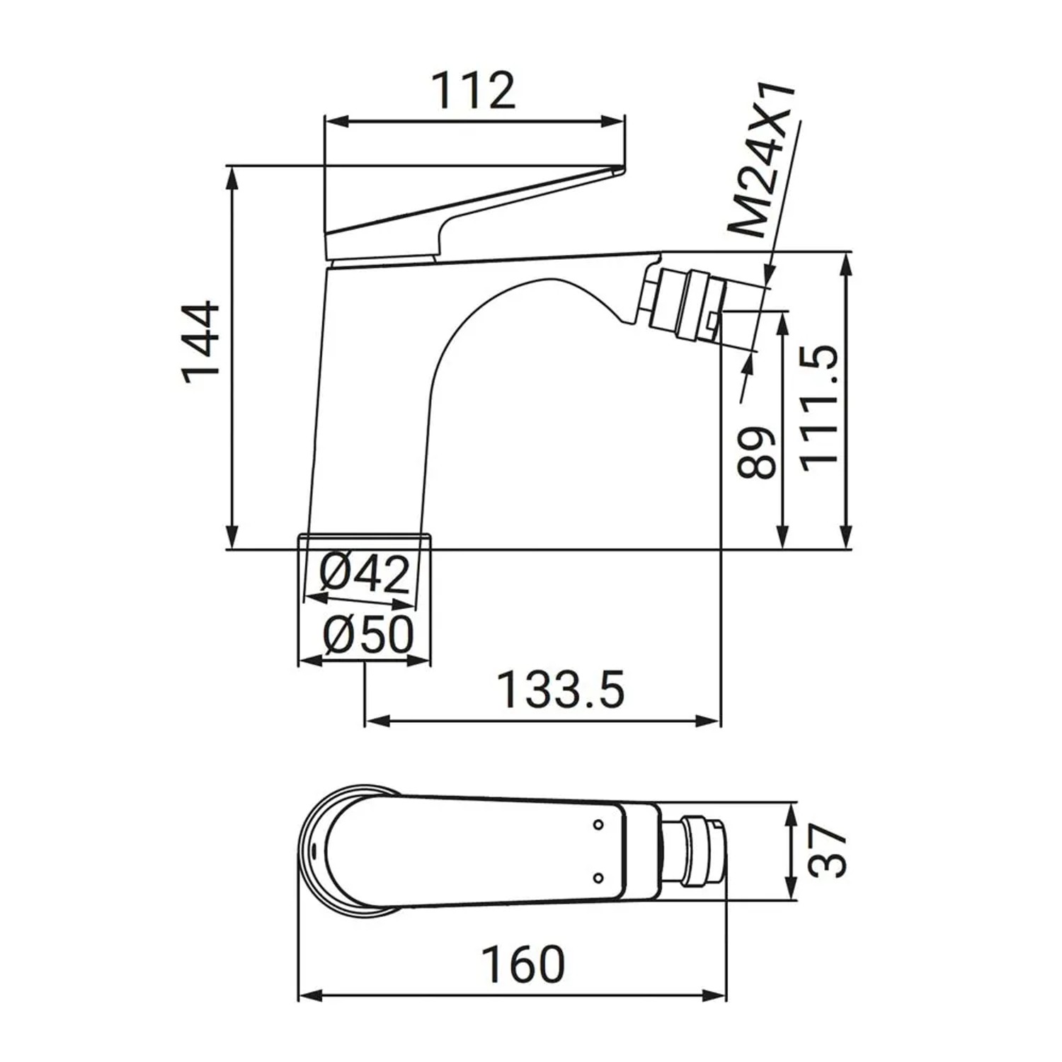 Disegno tecnico del miscelatore monocomando t.b.t. con dimensioni.
