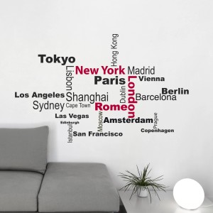 Adesivo da parete con nomi di città in nero e rosso, ad es. New York, Parigi, Roma. Decorativo.