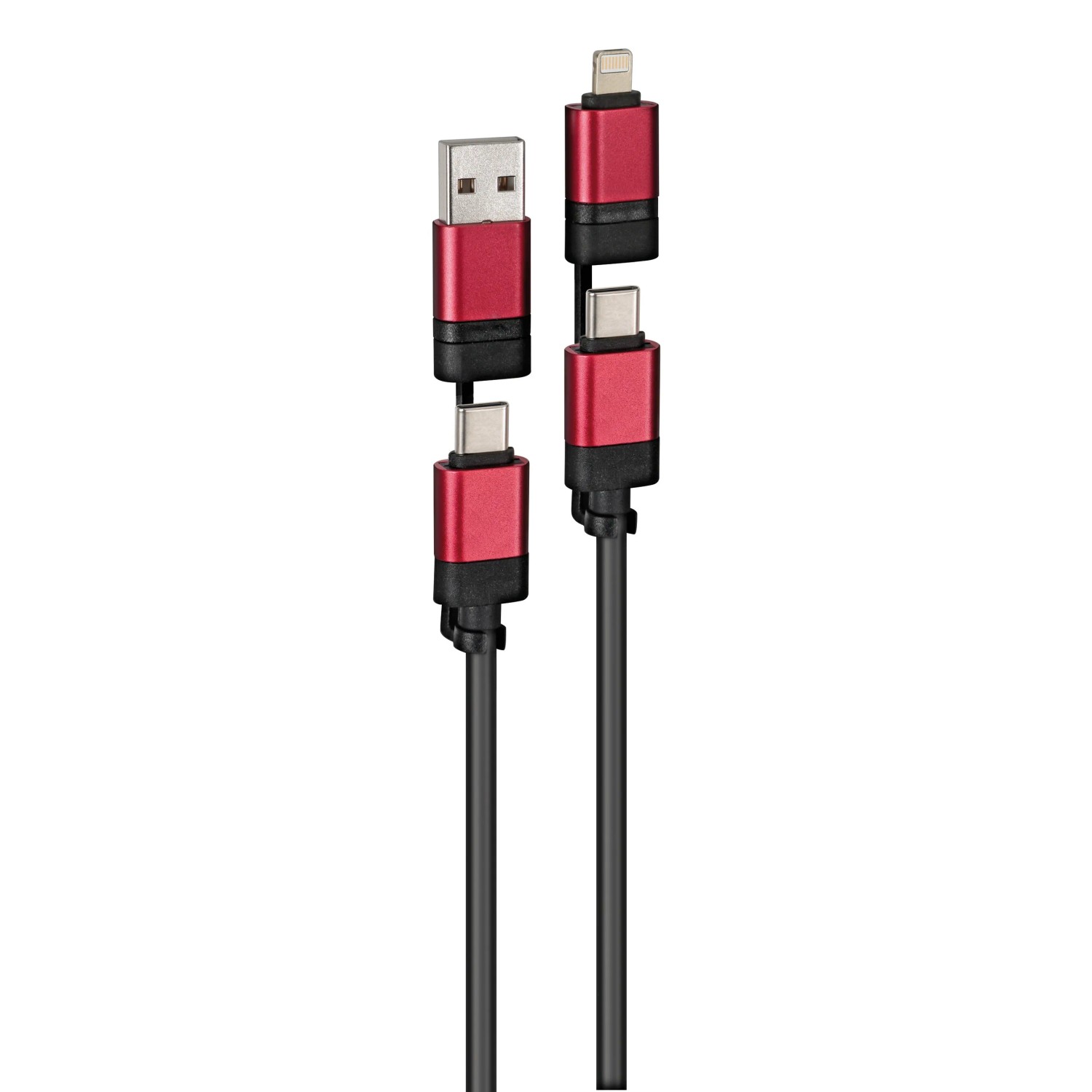Cavo di ricarica t.b.t. per auto, USB, USB-C e connettore Lightning, rosso/nero.