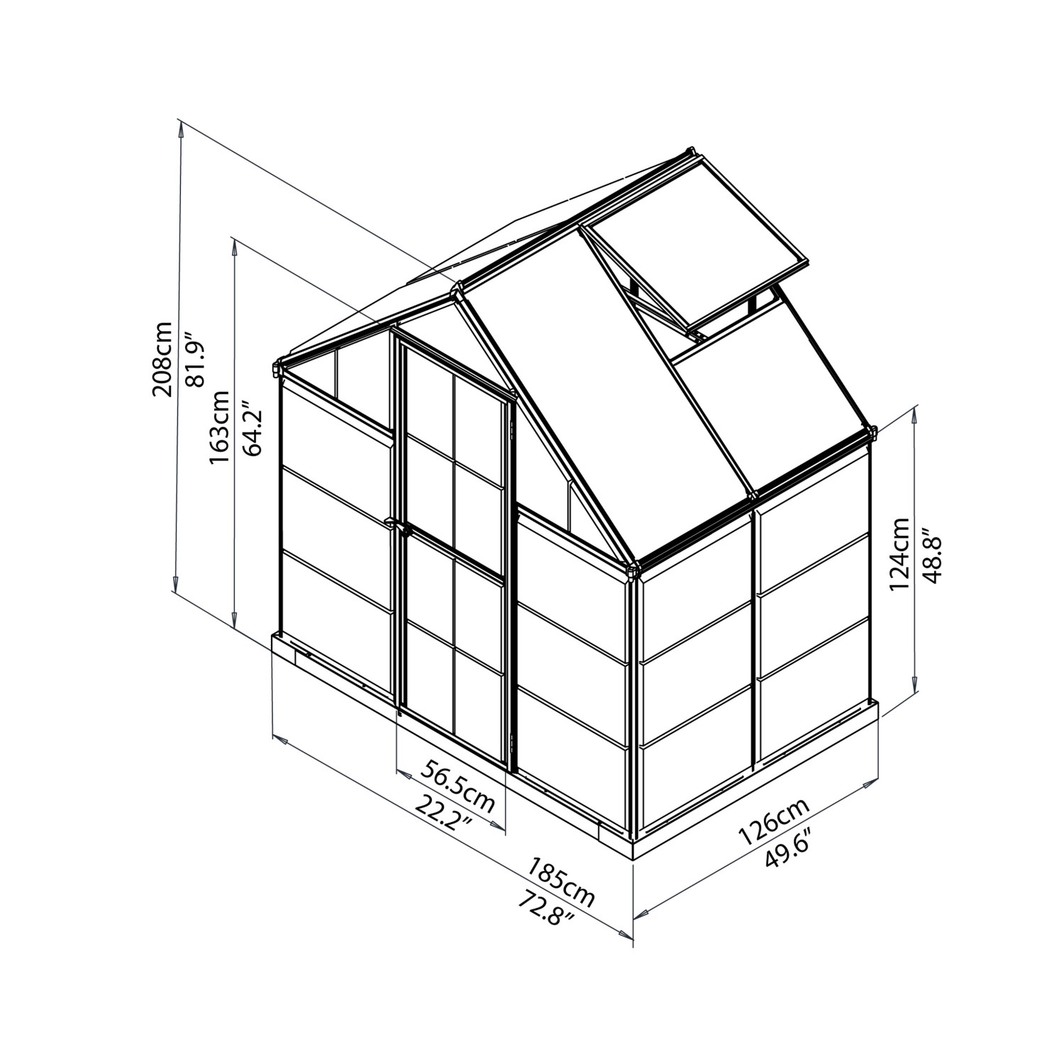 Disegno tecnico: serra Palram Canopia Hybrid 1.3x1.9m, telaio argento, pareti chiare, dimensioni.
