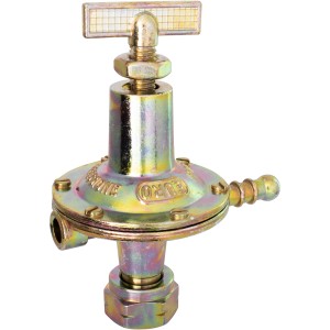 Regolatore di pressione del gas per fornello a gas, metallico giallastro.