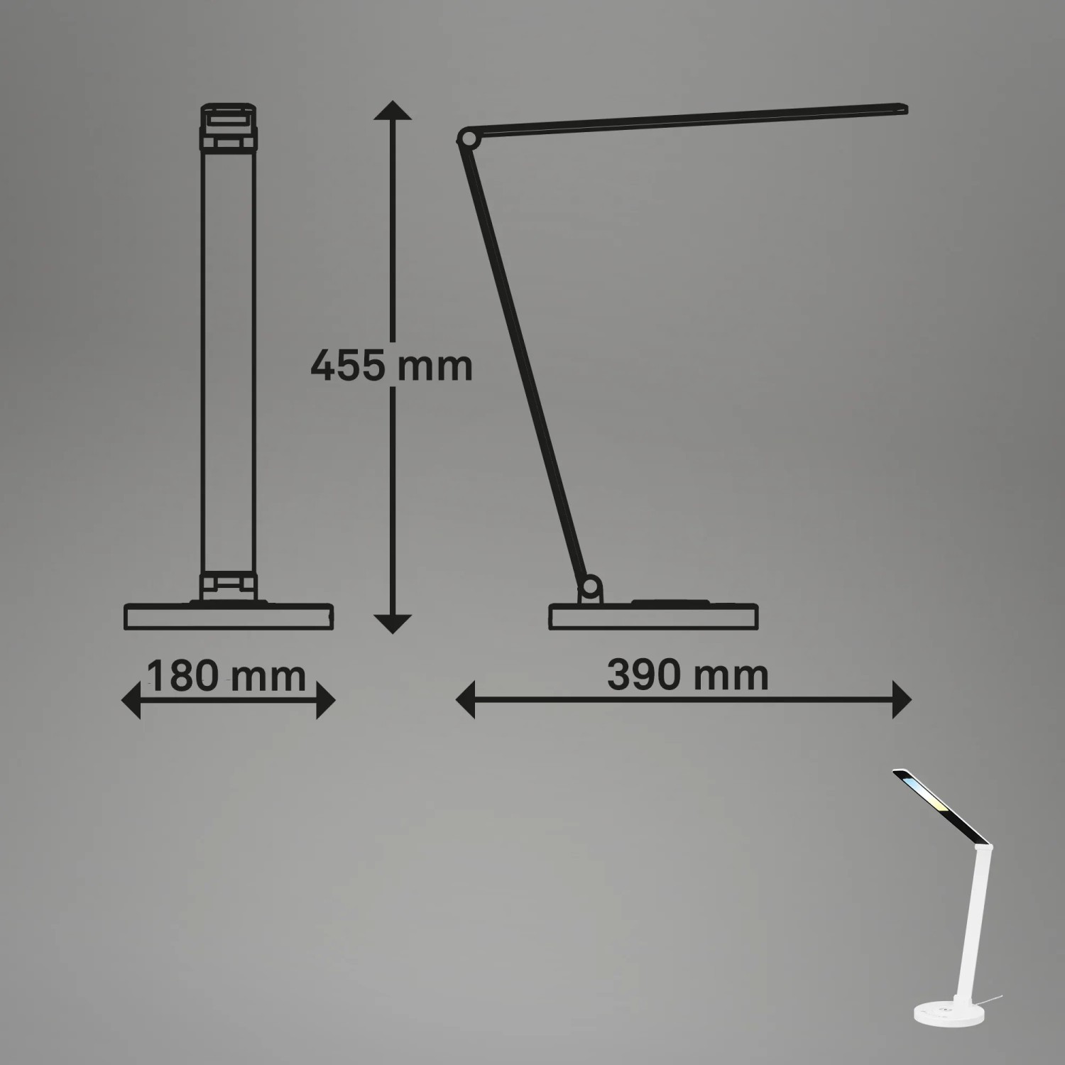 Schizzo della lampada da scrivania a LED bianca Brilo Cuma con dimensioni.