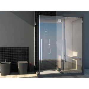 Bagno con piastrelle a mosaico grigie, WC, bidet e combinazione doccia-sauna.