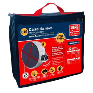 Ricambio catene da neve USAG: catene da neve in tessuto in una borsa blu con manico rosso.
