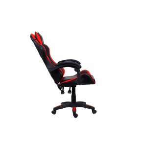 Sedia da gaming nera con dettagli rossi, vista laterale.
