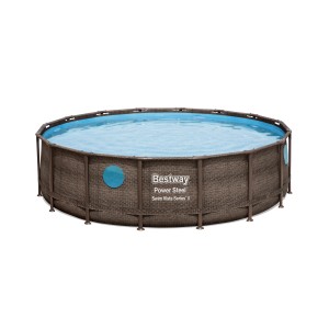 Piscina rotonda Bestway con struttura in acciaio e effetto rattan.