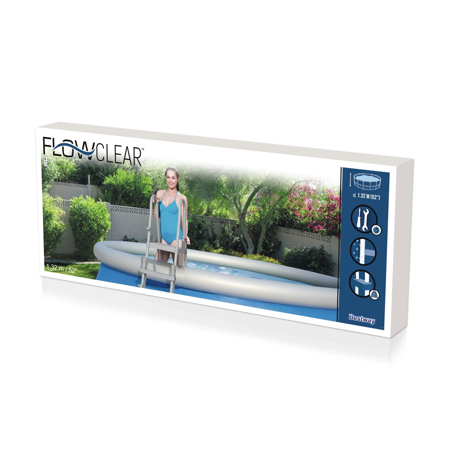 Confezione di una scala per piscina (t.b.t.) per piscine, con donna sulla scala.